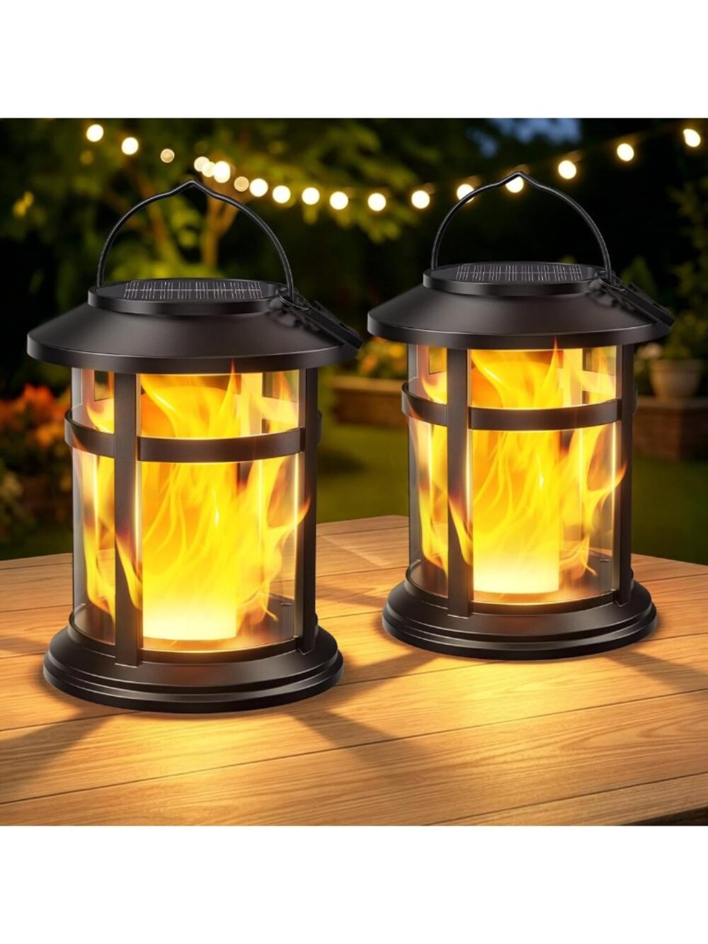 2 Pack Waterproof Solar Lanterns - Flickering Flame Hanging Lights for Garden